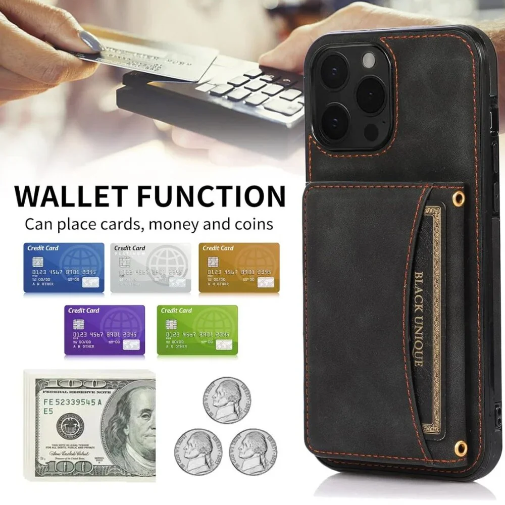 Luxury Wallet Case for iPhone 14 Pro – RFID Blocking, Card Holder & Stand